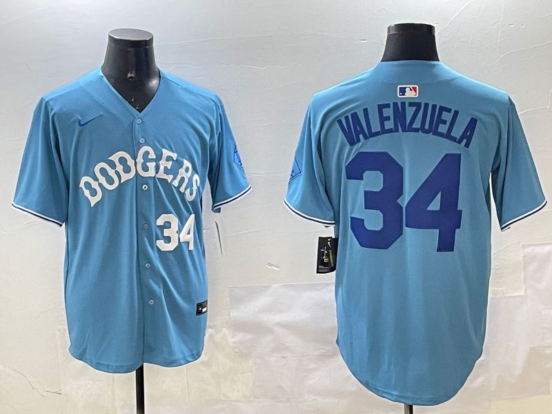 Men Los Angeles Dodgers #34 Valenzuela Light Blue Joint Name 2025 Nike MLB Jersey style 31619